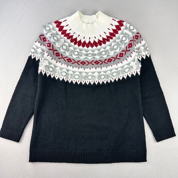 J. Jill Sweaters - J.Jill Sweater‎ Women M Black Red Nordic Pullover Fair Isle Mock Neck Holiday